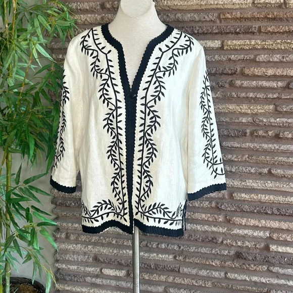 Linea by Louis Dell’Olio White Linen Black Embroidered Jacket Size XL - Picture 9 of 9